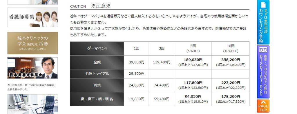 城本クリニックのダーマペン（料金）